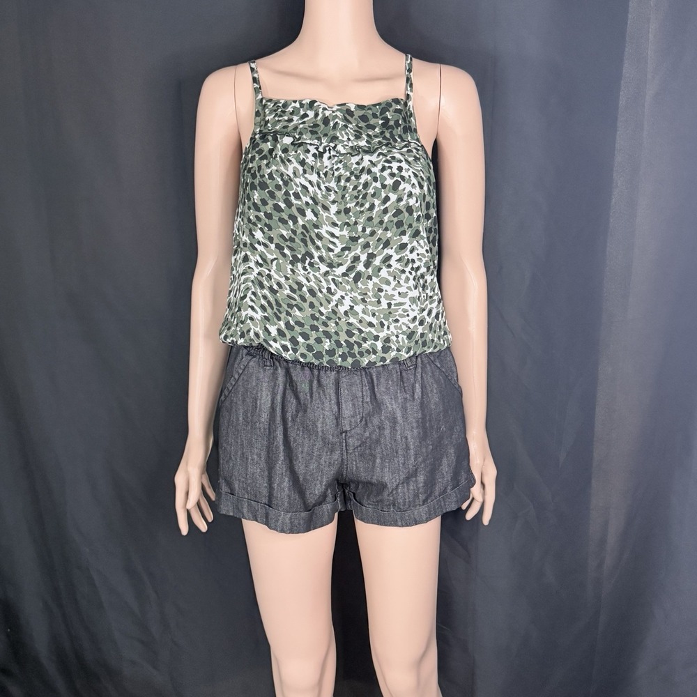 Green & Black Cheetah/Leopard Dark Wash Denim-Like Faux Romper One Piece Sz M